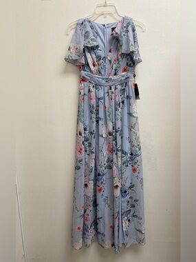 Adrianna Papell Light Blue Floral V-Neck Maxi with Flutter Sleeves